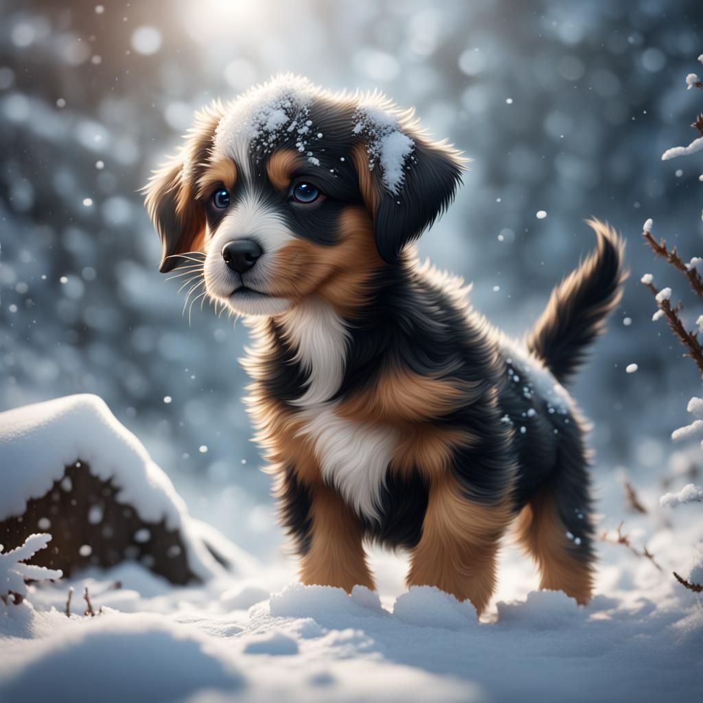 Adorable Puppy Playing in Snow: Fantasy Concept Art