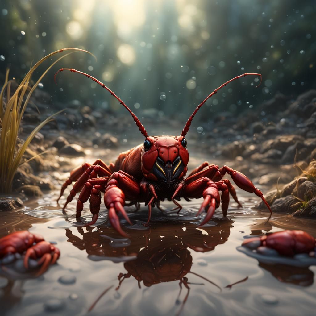 Baby Crawfish Plays in Puddle: Fantasy Concept Art