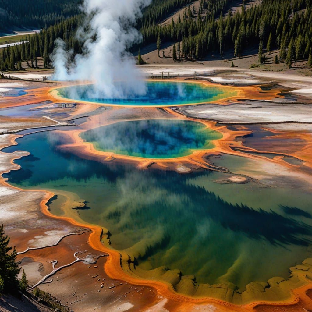 Vibrant Yellowstone Landscape in Dreamy Watercolor Style