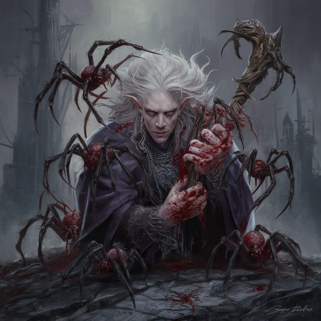 Eerie Drow Wizard with Spiders in Horrorpunk Style
