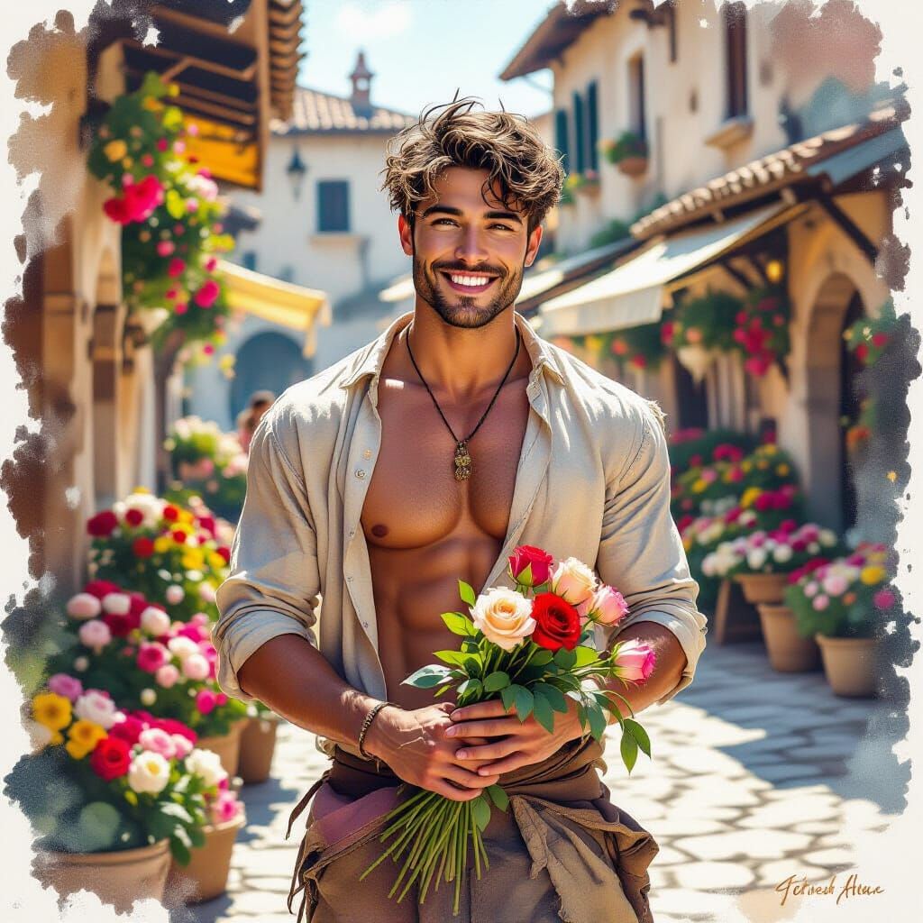 Gay Man Selling Roses in Medieval Italy