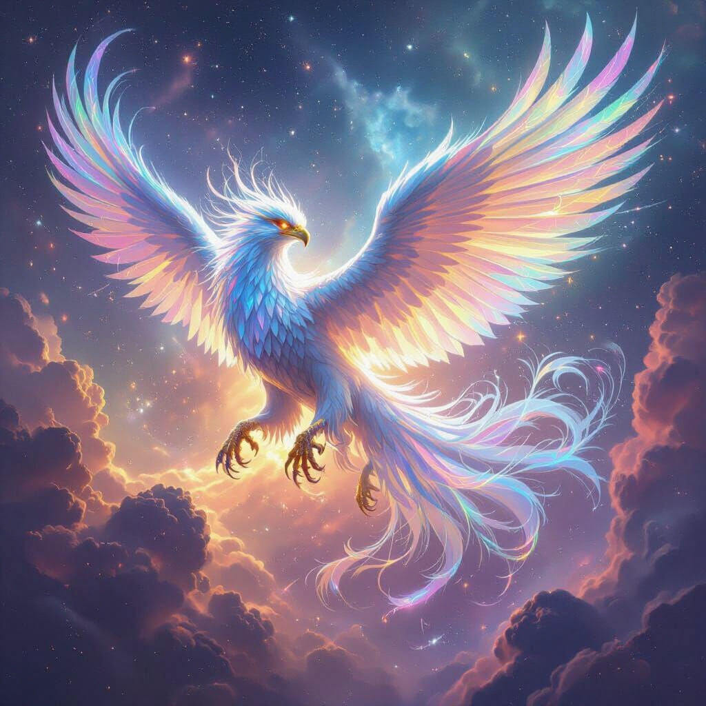 Bioluminescent Griffin Soaring Through Nebula in Space Fanta...