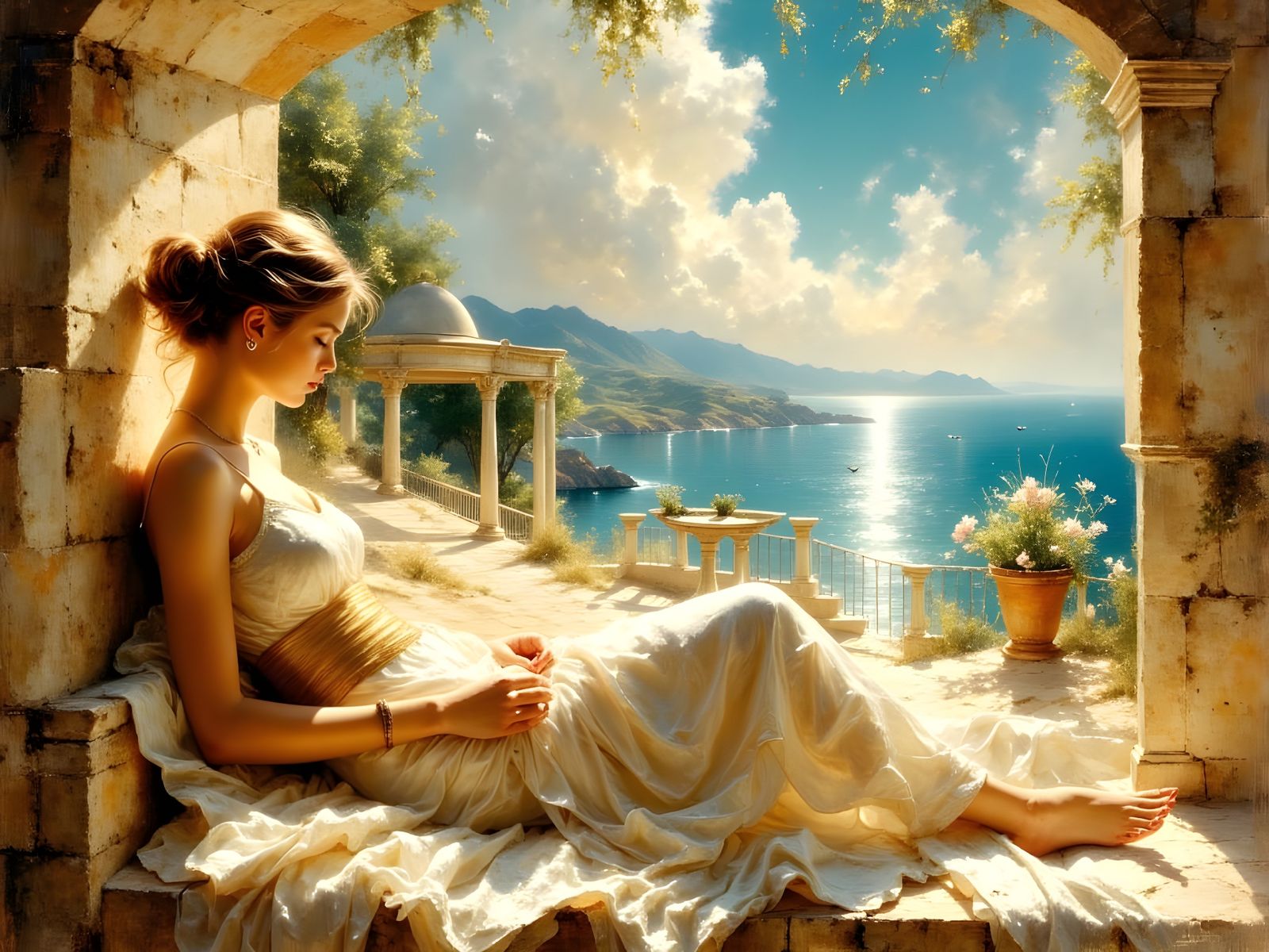 Ethereal Woman in a Mediterranean Oasis