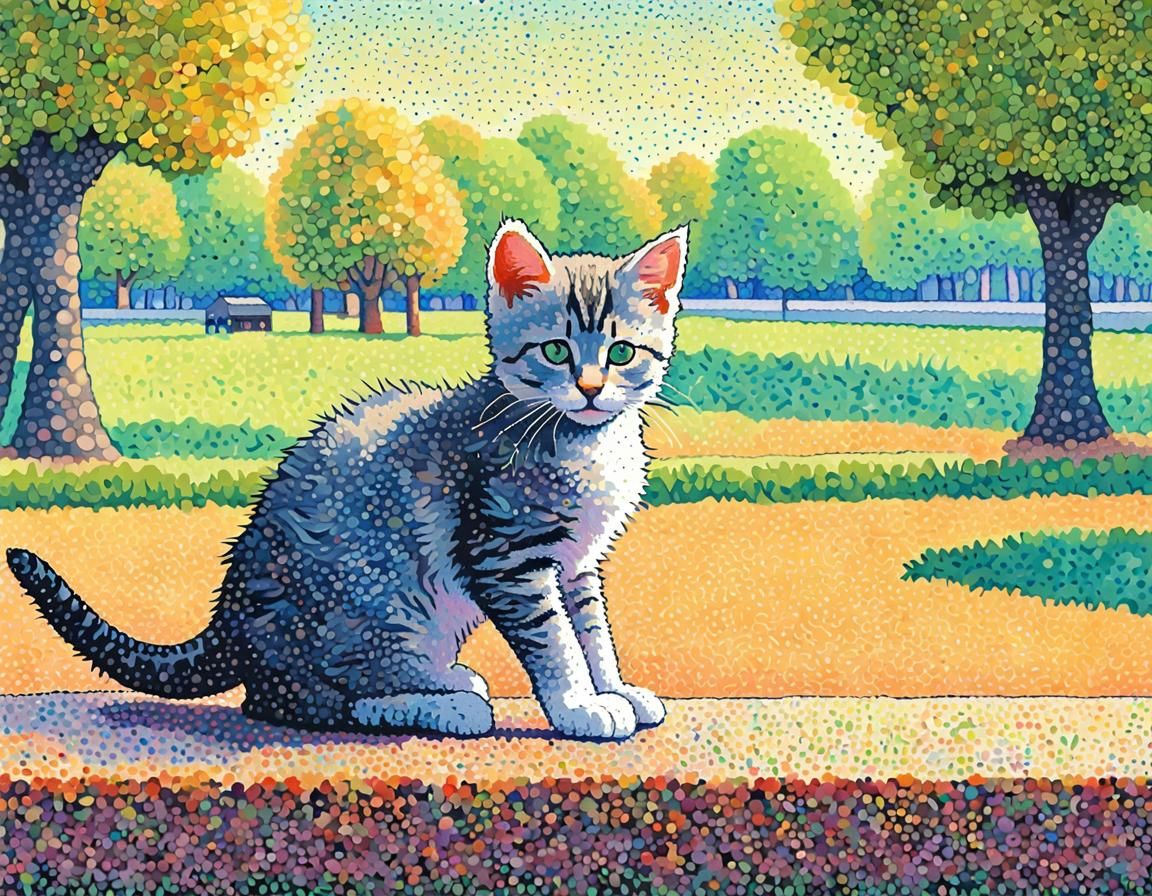 Pointillist Kitten at the Park in Pastel Colors