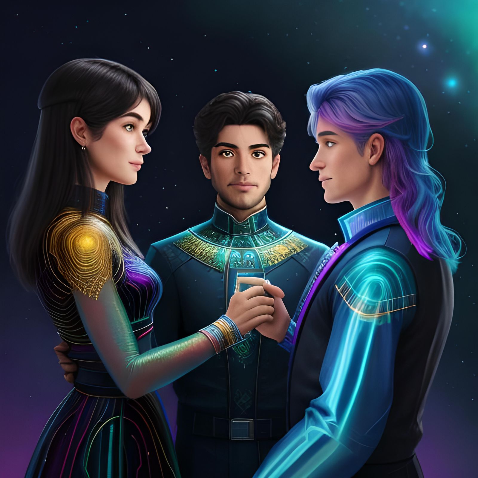 Harmonious Trio in Cosmic Embrace: A Visionary Illustration