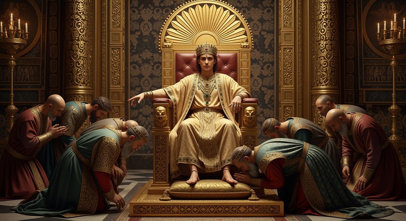 Byzantine Emperor on Gold Throne in Opulent Palace
