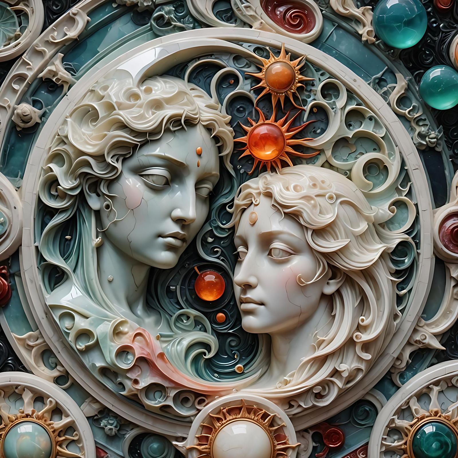 Opalescent Angelpunk Gothic Marble Carving with Abstract Ele...