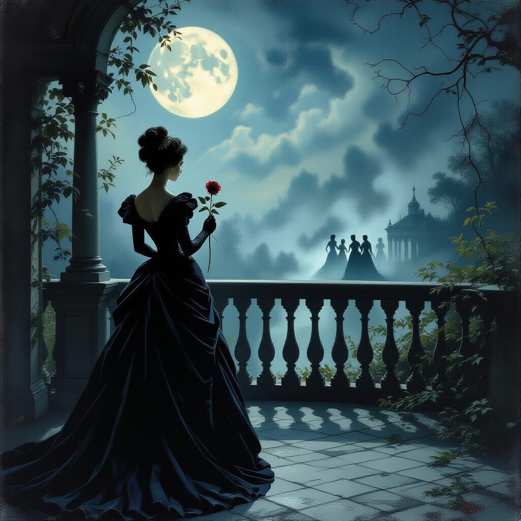 Victorian Gothic Oil Painting of Woman with Wilted Rose