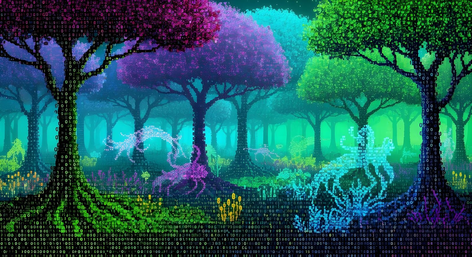 Alien Forest of 0s and 1s in Vibrant ASCII Art