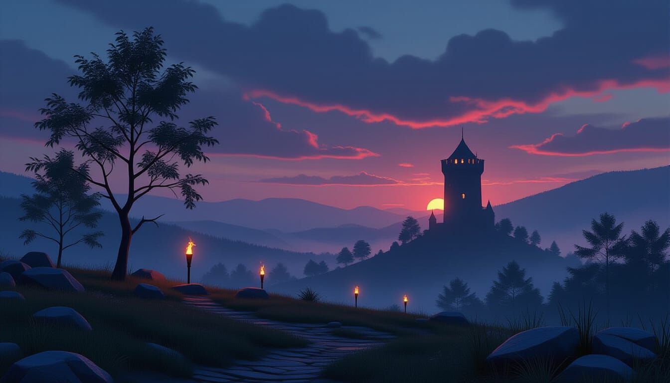 Distant Ominous Tower at Dusk - Fantasy Landscape