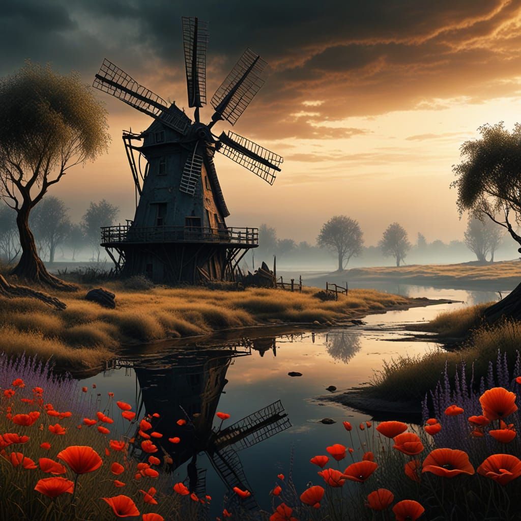 Surreal Windmill Landscape in Ukiyo-e Style