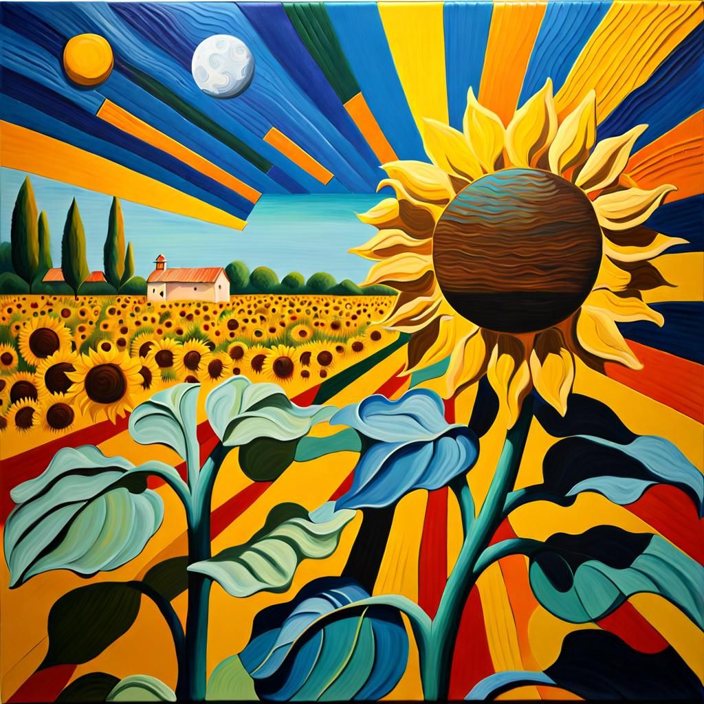 Sunflower Sun and Melting Cheese Moon, Oil Painting