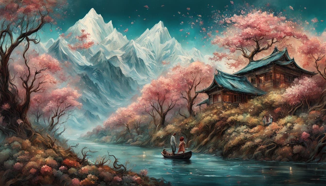 Himalayan Village Panorama in Vibrant Watercolour Style