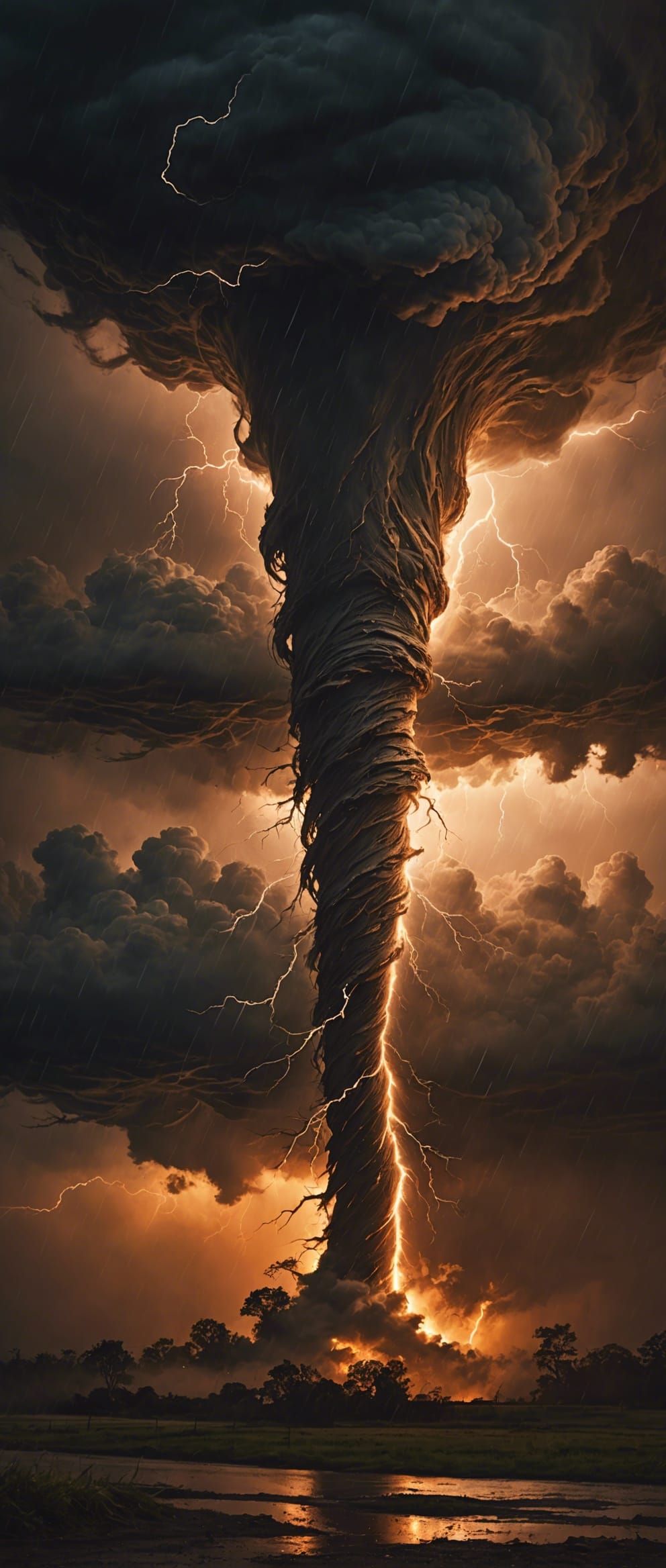 Impasto paint texture, capturing a powerful twisting tornado. Lightning, rain, mist. Thick paint layers, sunset neon glo...