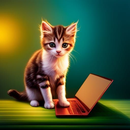 Hyperrealistic Kitten at Laptop: Colorful Splash Art