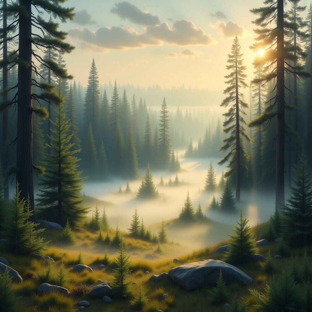 Taiga Landscape with Dawn Light in Realist Style