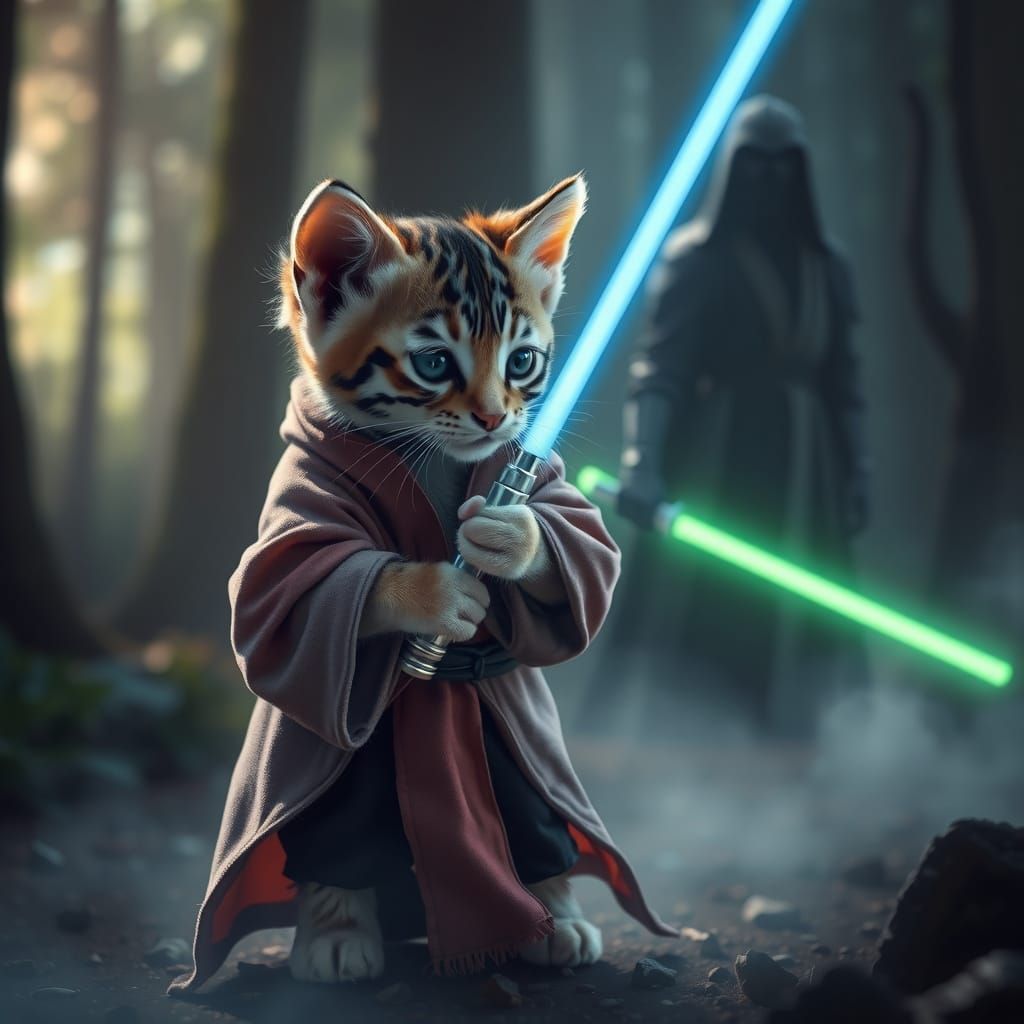 Serene Jedi Kitten Unites with Mysterious Forest Shadows