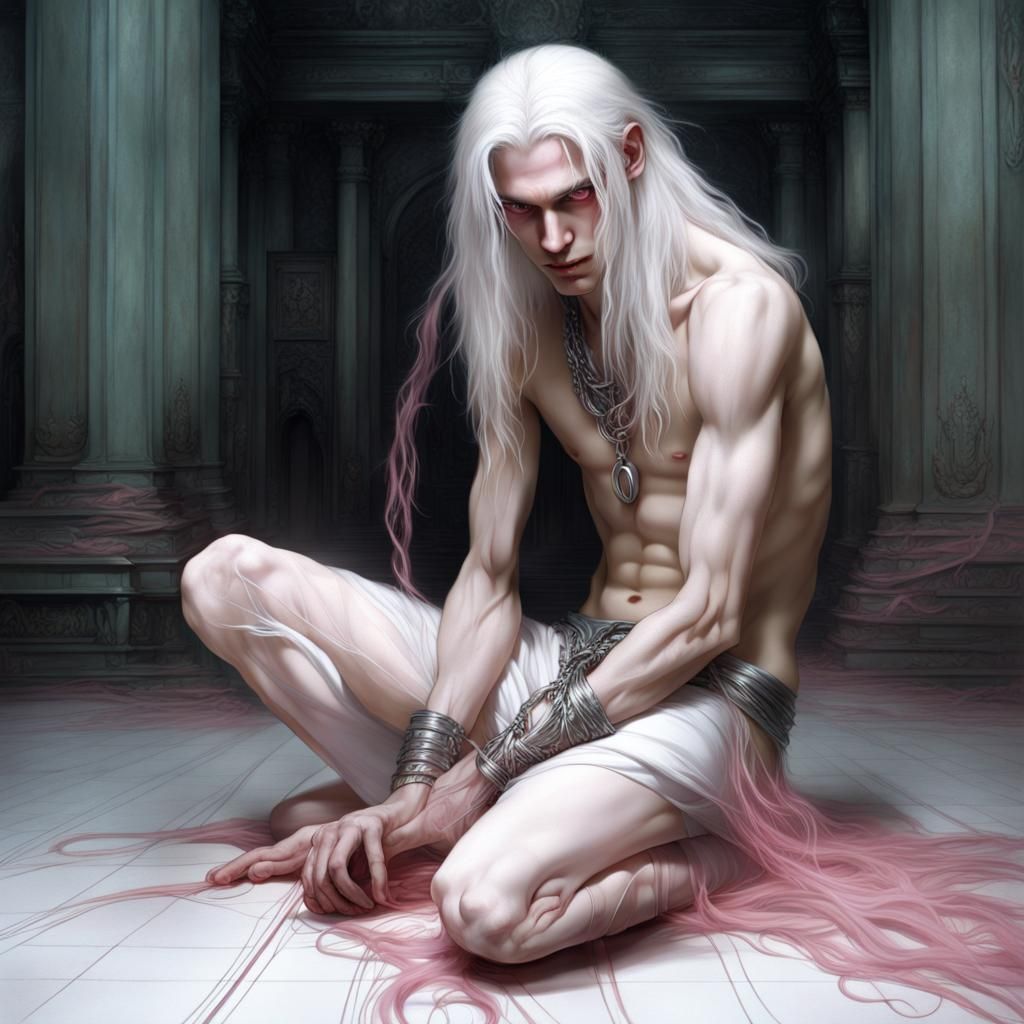 Alien Teen with White Hair in Empty Room