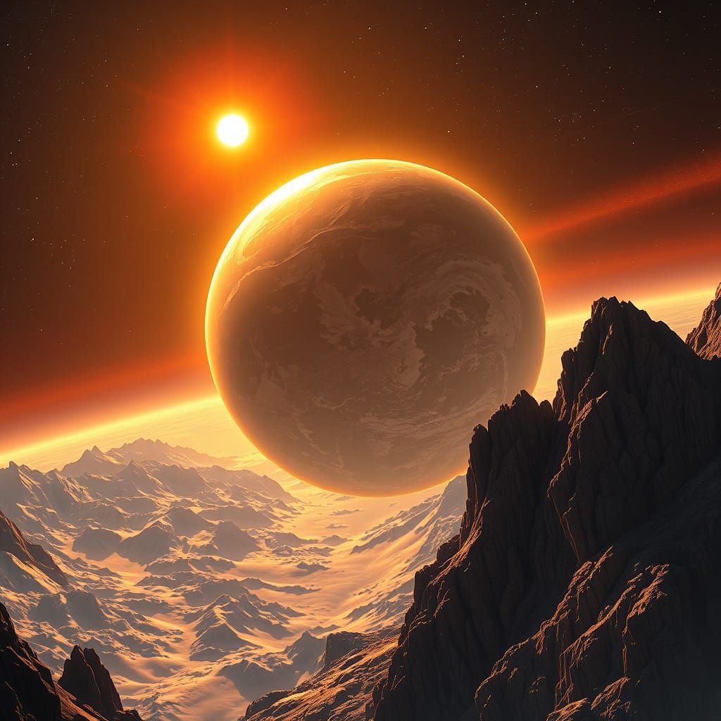 Stunning Futuristic Terrestrial Planet Illuminated by Golden...