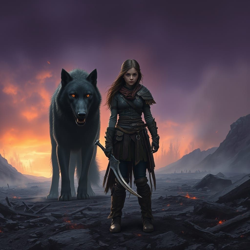 Female Warrior and Spectral Wolf at Dawn