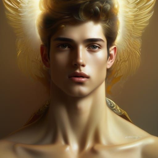 Angelic Male Model with Gold Accessories, Detailed Portrait