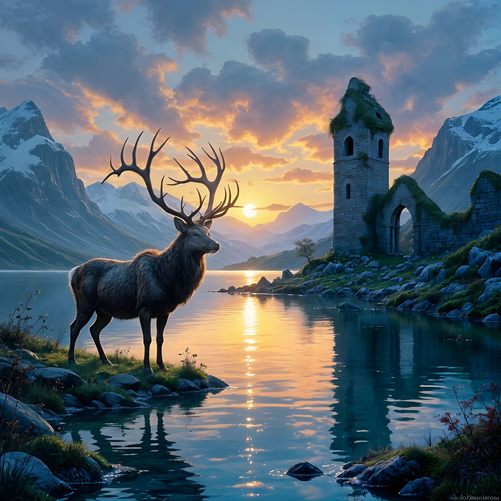 Majestic Stag by Crystal Lake in Autumn Sunrise