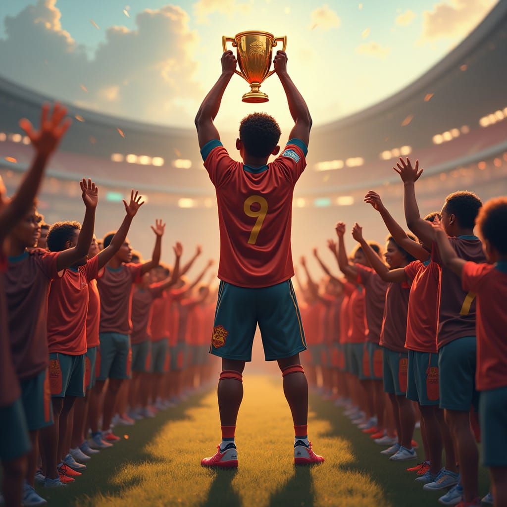 Triumphant Black Boy with Trophy in Vibrant, Hyper-Realistic...