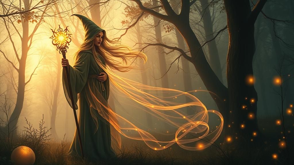 Sorceress in Iridescent Forest Glade, Fantasy Art