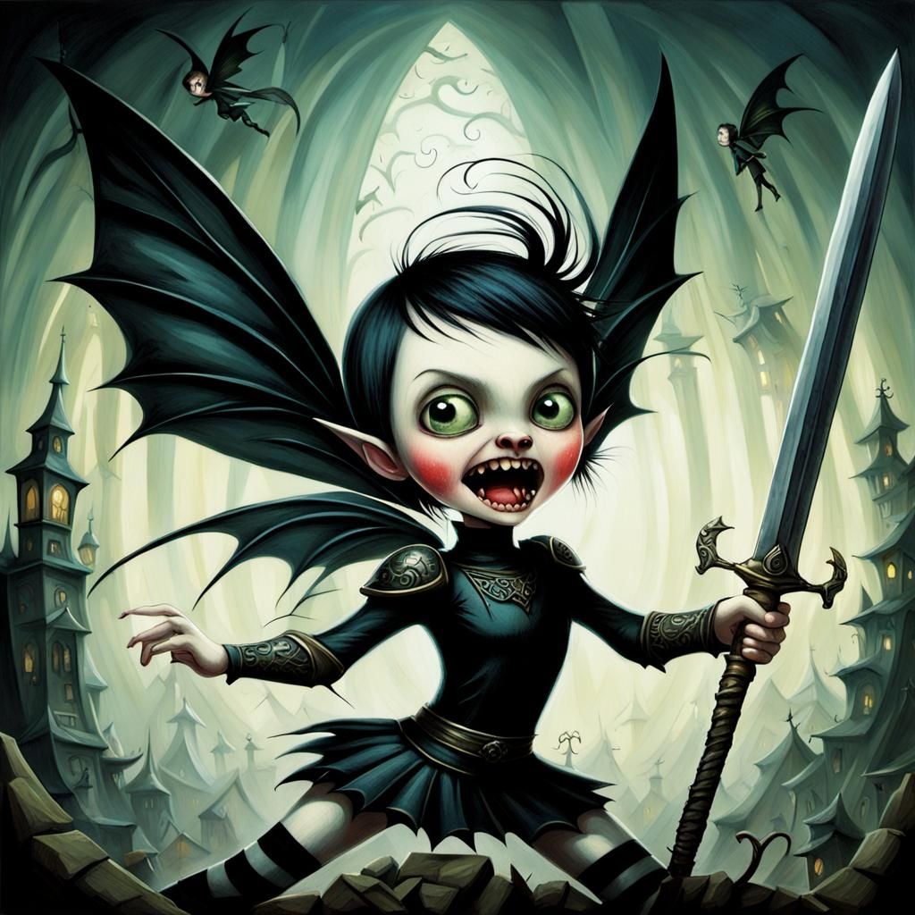 Gothic Tinkerbell Battles Dragon with Sword