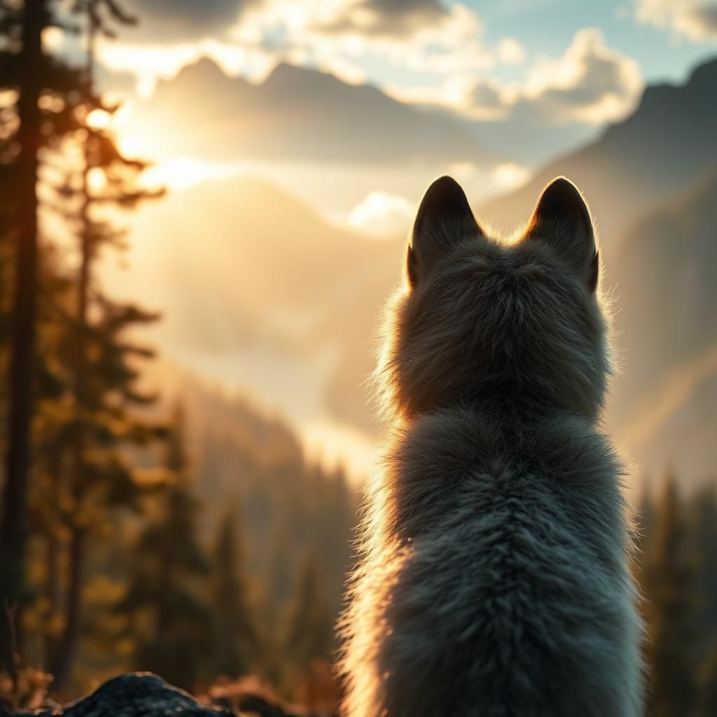 Wolf Pup Gazing at Majestic Landscape