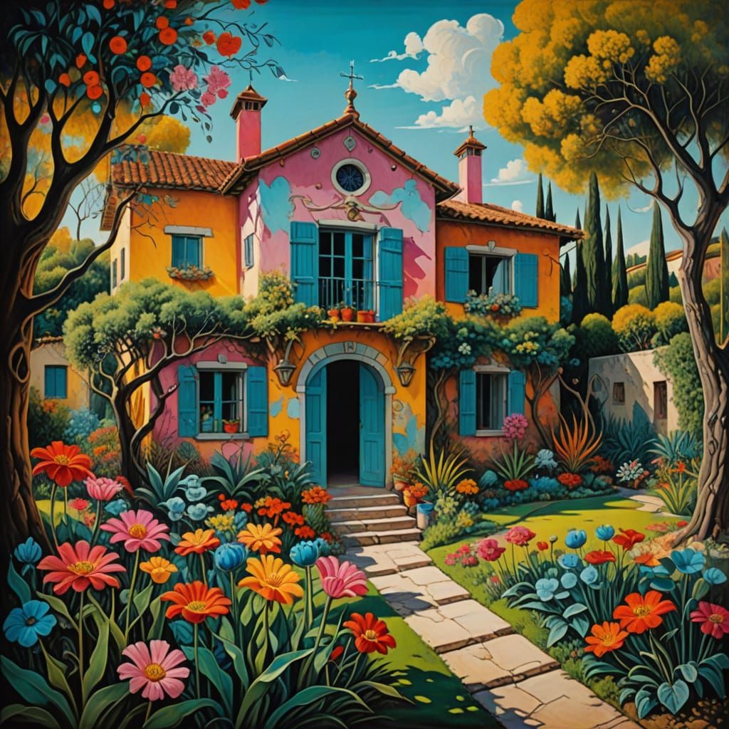 Surrealist House with Dripping Paint in Dali Style