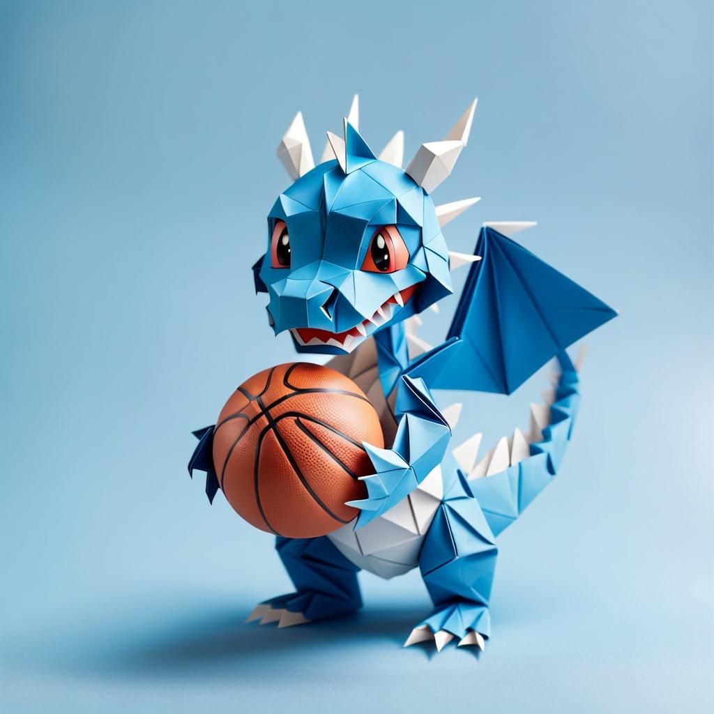 Cute Blue Origami Dragon with Basketball