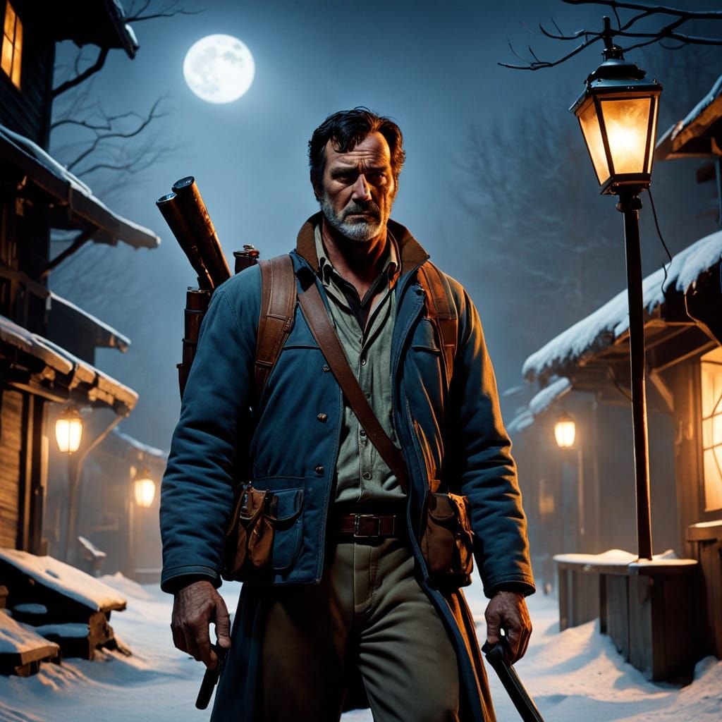 Heroic Ash Williams in Gritty Cinematic Style