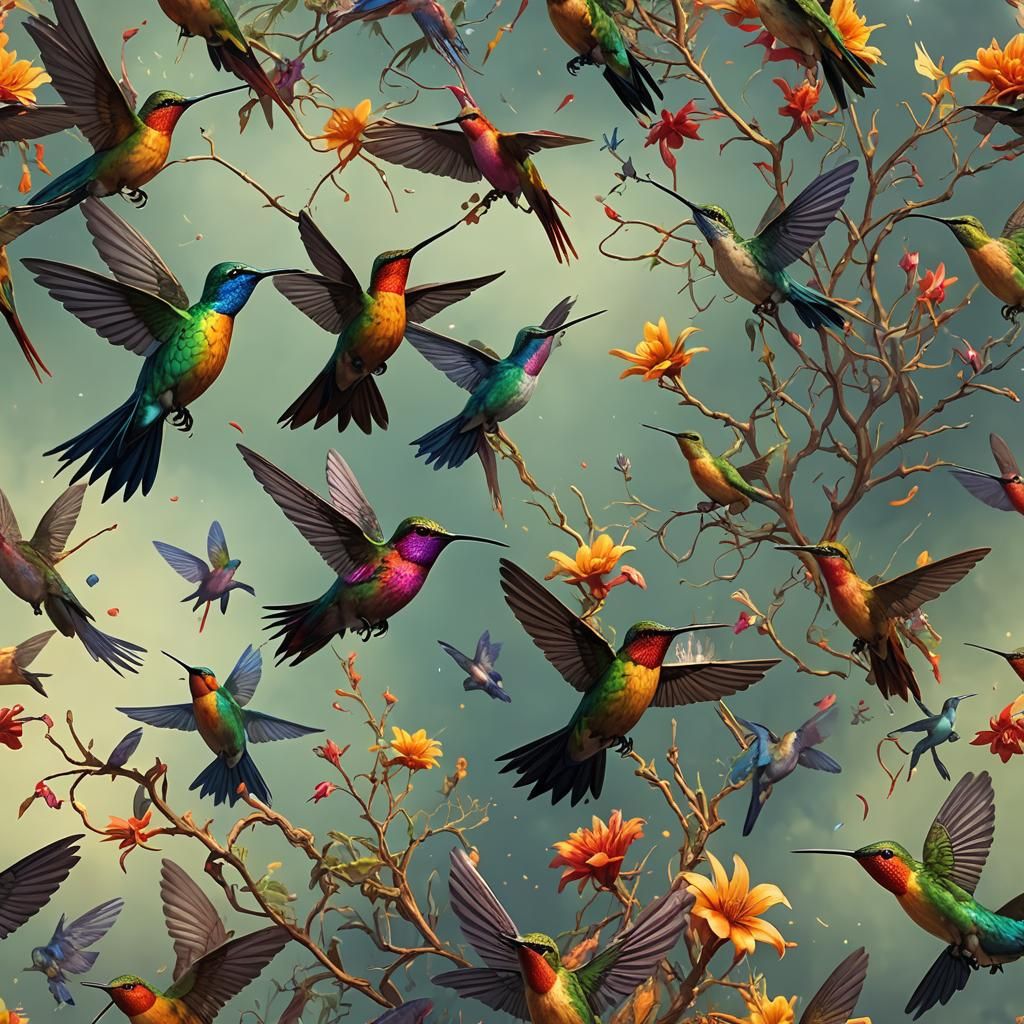 Fantastical Phoenix Hummingbirds in Detailed Matte Painting