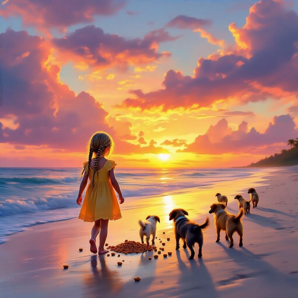 Girl Feeds Stray Dogs at Serene Tropical Sunset