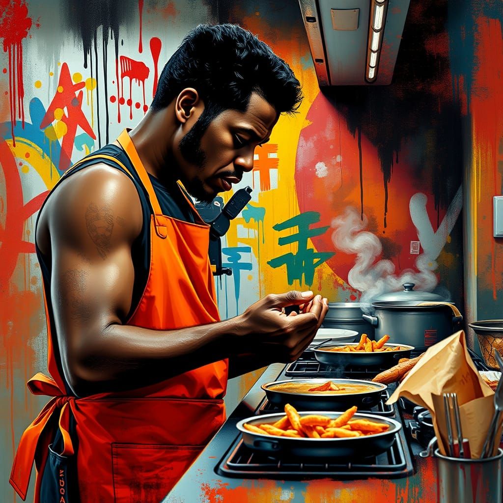 Vibrant Colombian Man in Kitchen, Devouring Meal with Intens...