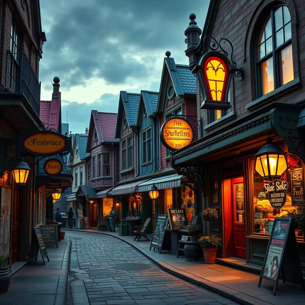 Whimsical Movie Set Storefronts in Warm Golden Light