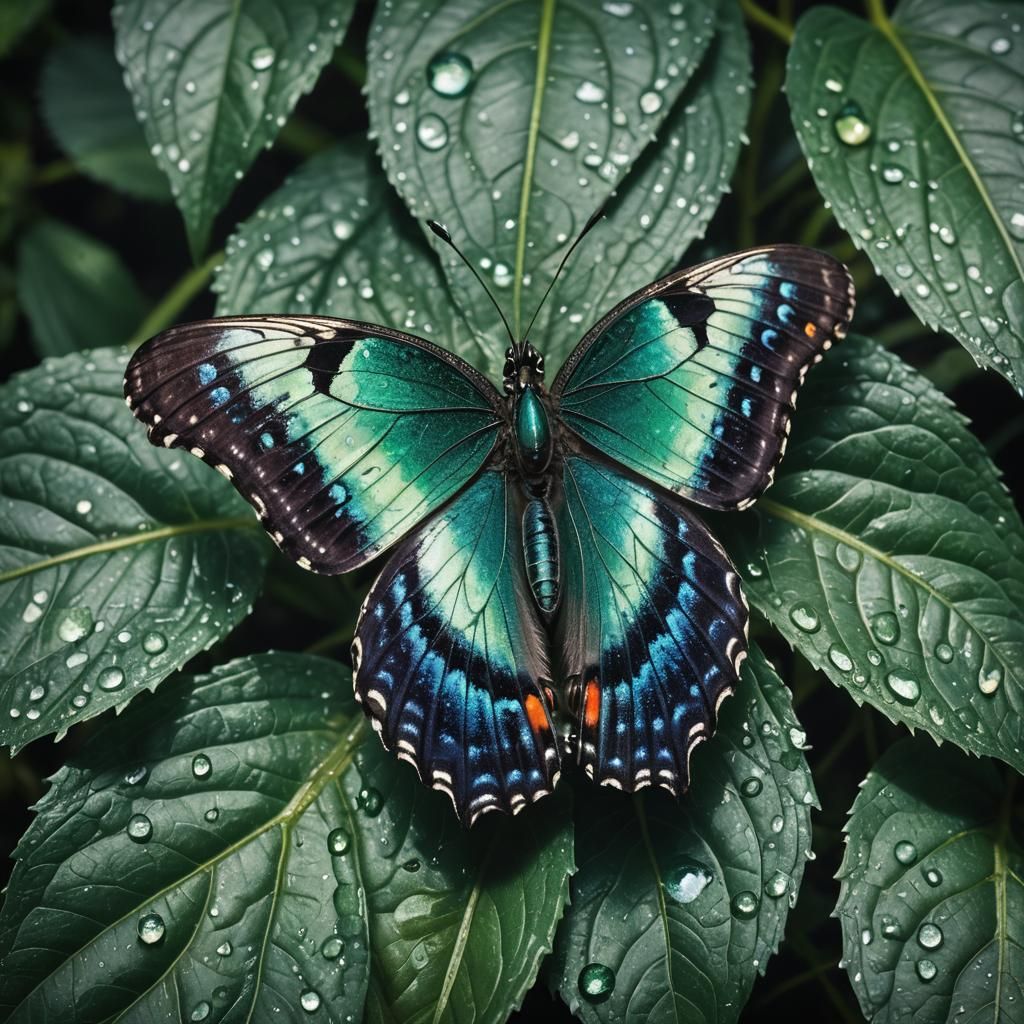 Iridescent Butterfly on Leaf in Macro Photograph