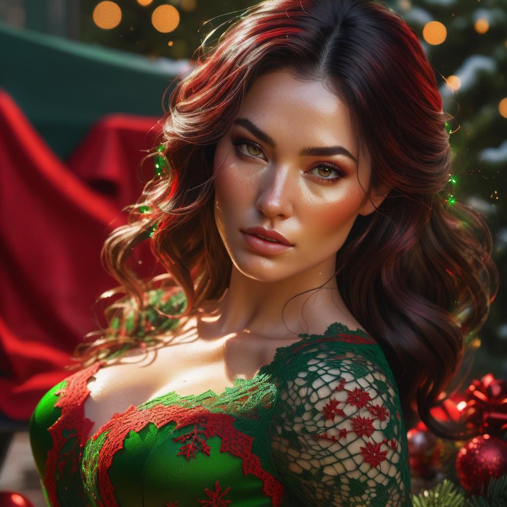Brunette in Lace: A Hyperrealistic Christmas Portrait