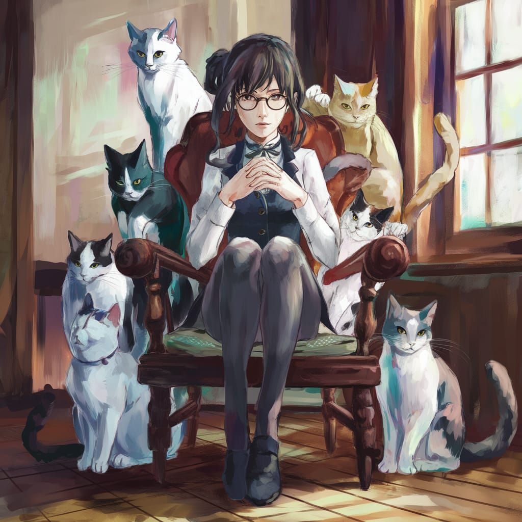 Studio Ghibli Style Anime Woman Surrounded by Cats