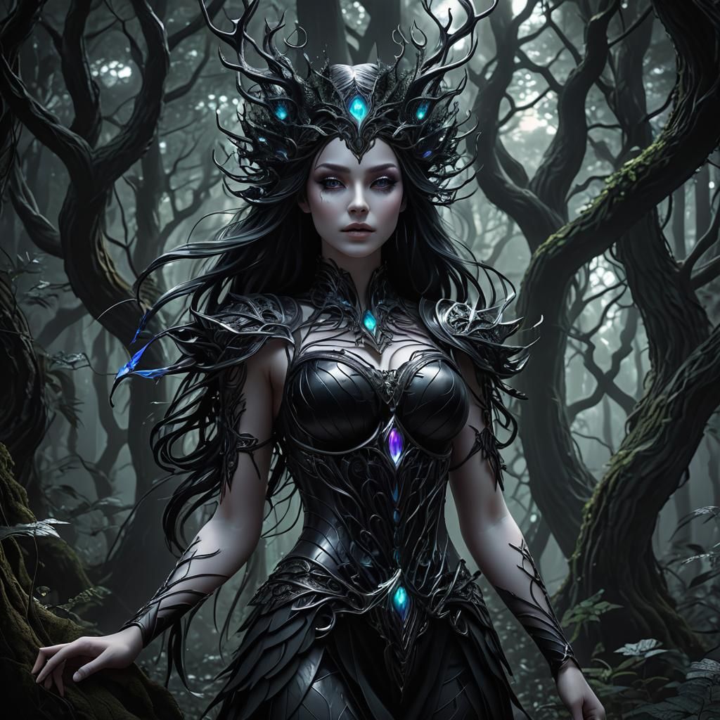 Spectral Enchantress in Shadowy Forest, 3D Anime Art