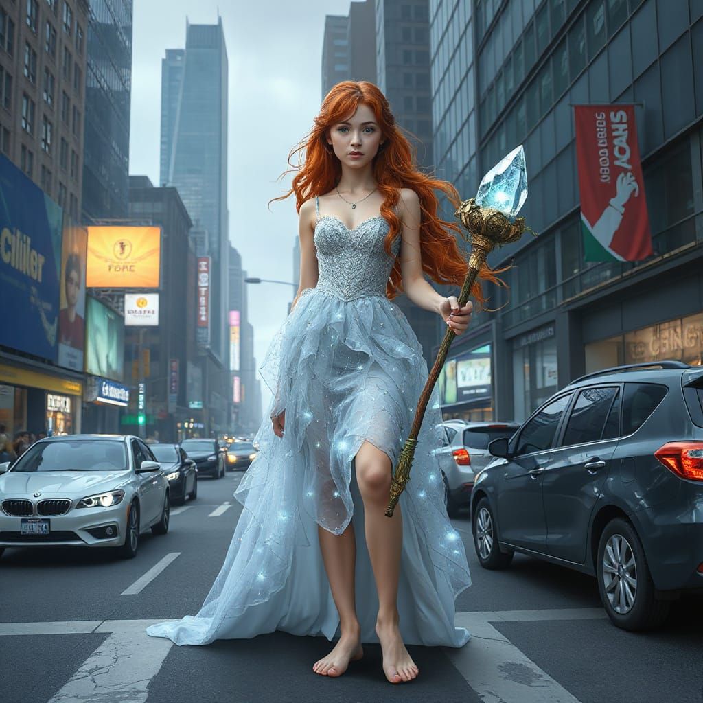 Ethereal Goddess Stands Amidst Urban Landscape