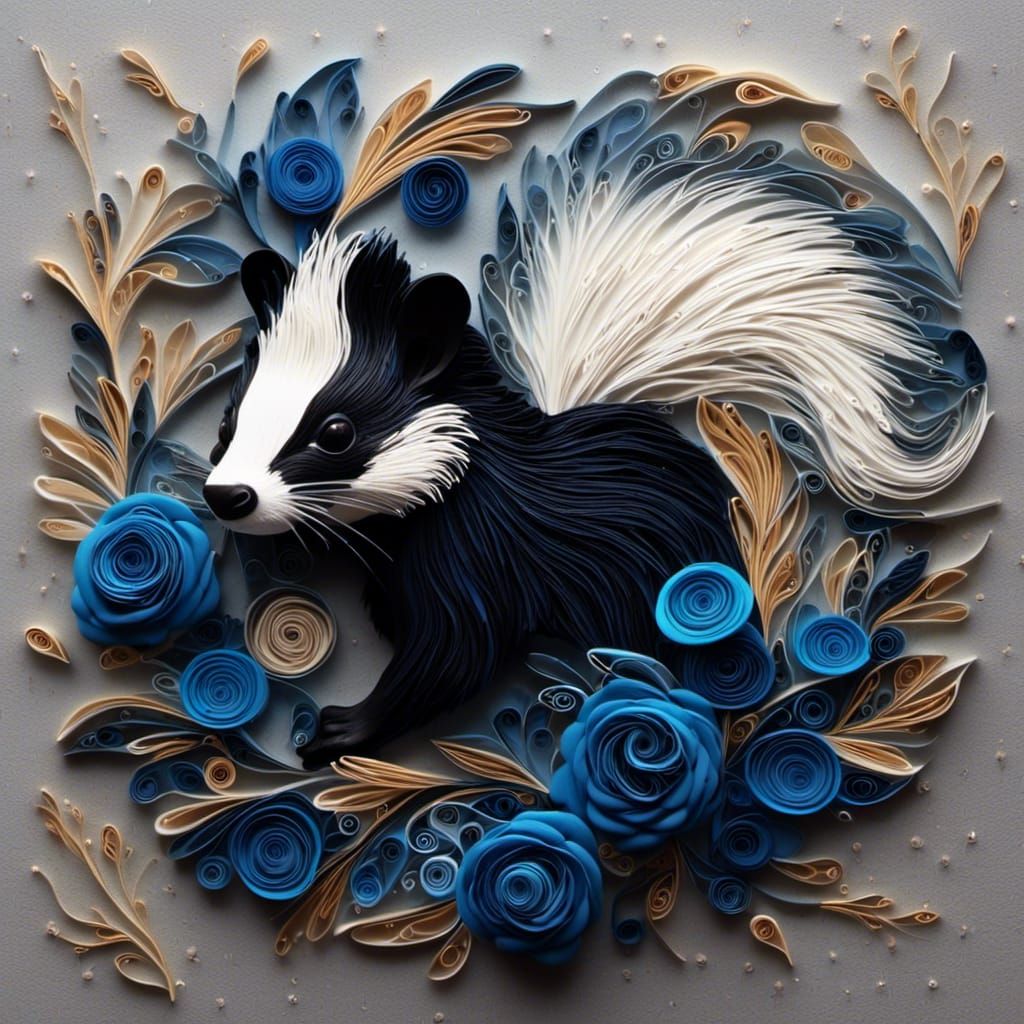 Skunk with Blue Roses Quilling Art
