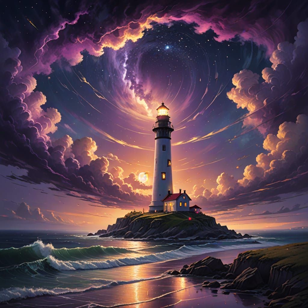 Majestic Lighthouse Under Starry Purple Sky in Oil Painting ...