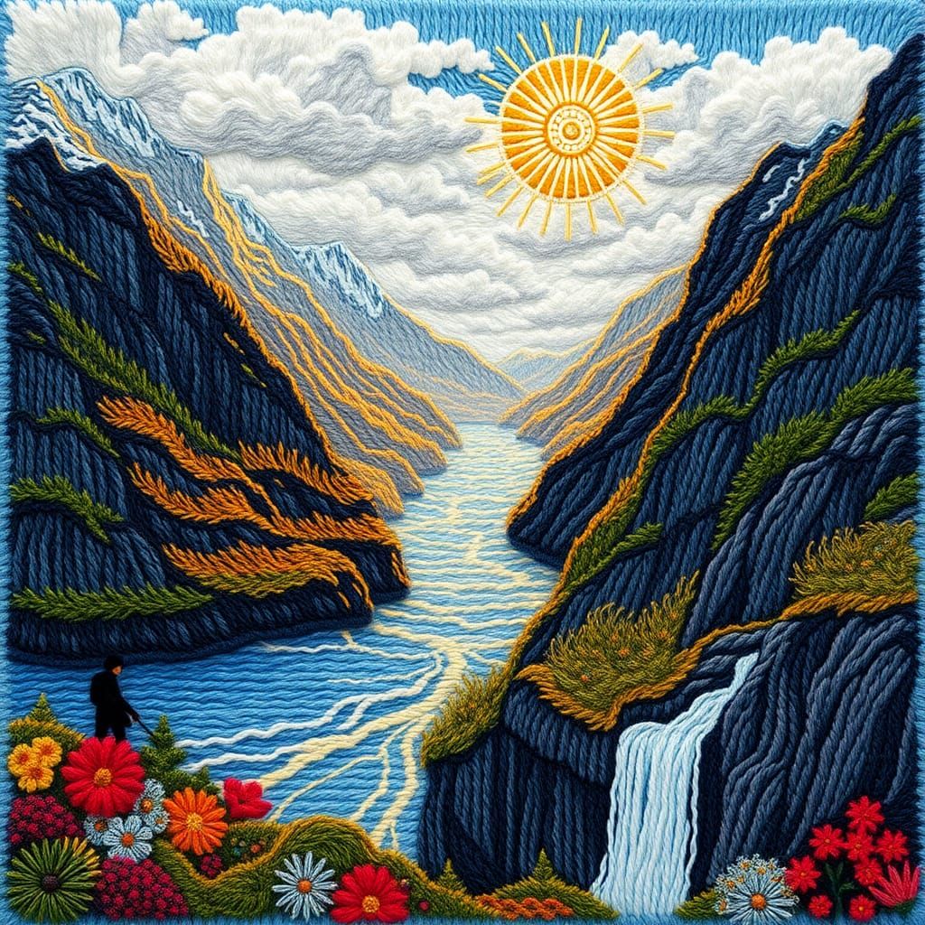 Geirangerfjord Embroidery in Scandinavian Folk Art Style
