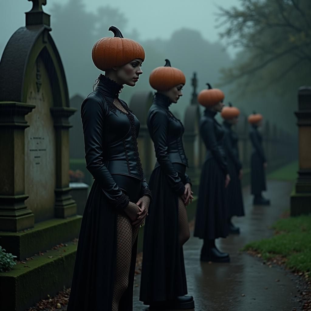 Gothic Pumpkin Figures at Funeral in Beksiński Style
