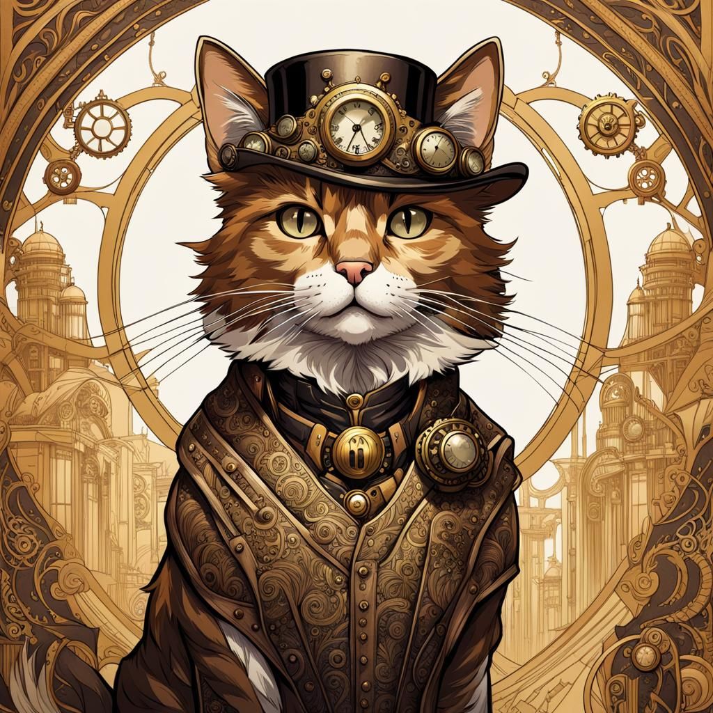 Steampunk Cat in Victorian Style Illustration