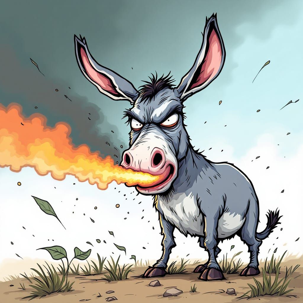 Comic Illustration of an Ugly Farting Donkey