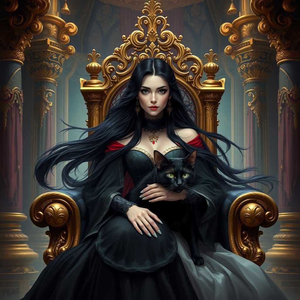 Regal Woman and Majestic Cat in Luxurious Palace