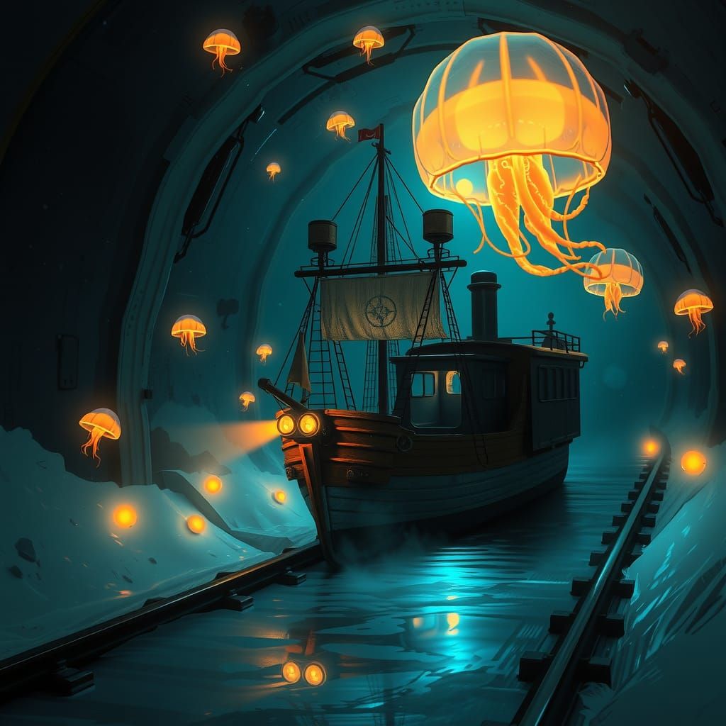 Miniature Ship in Tunnel with Bioluminescent Jellyfish